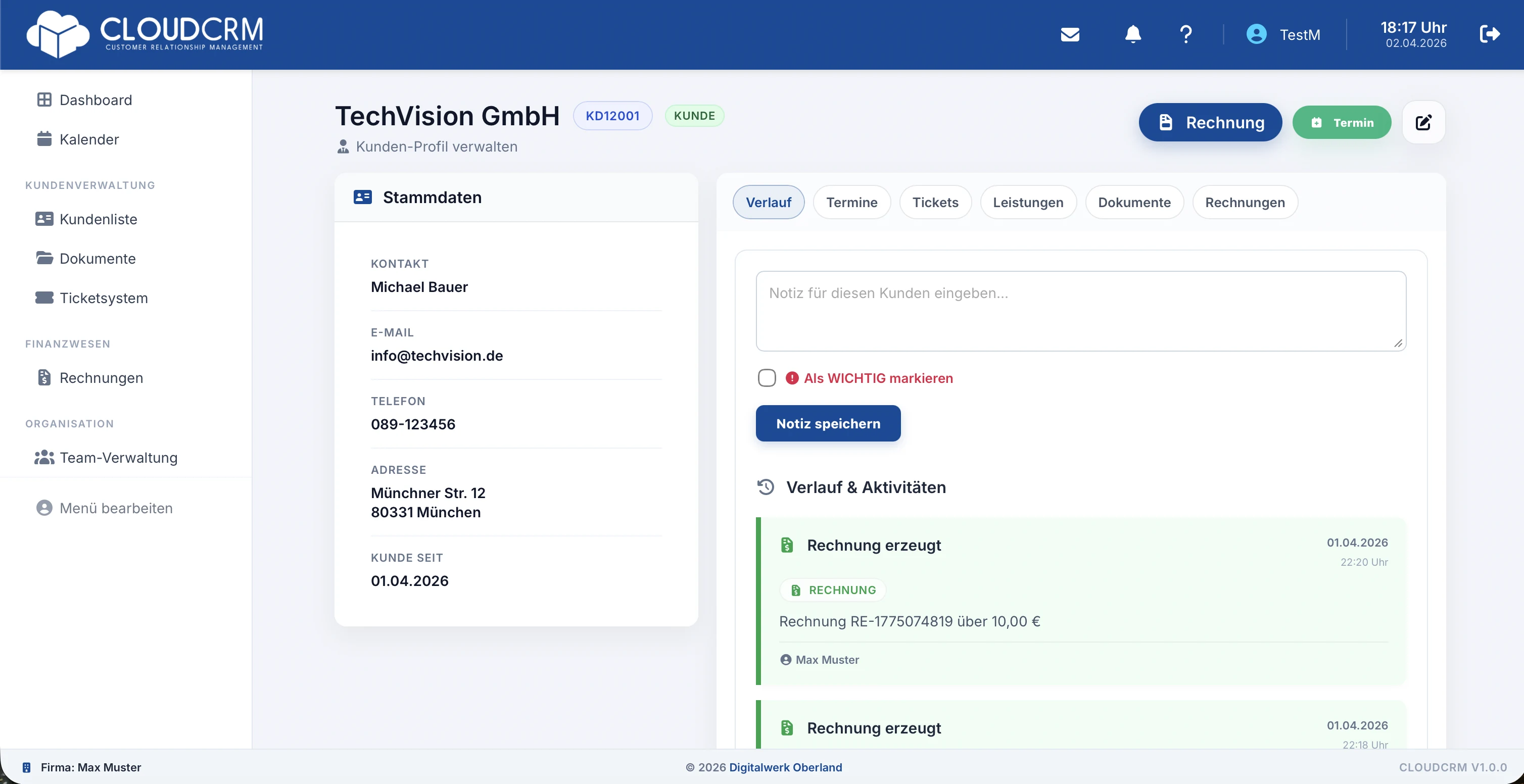 Digitale Kundenakte in CloudCRM mit Kundenhistorie, Dokumenten und offenen Aufgaben